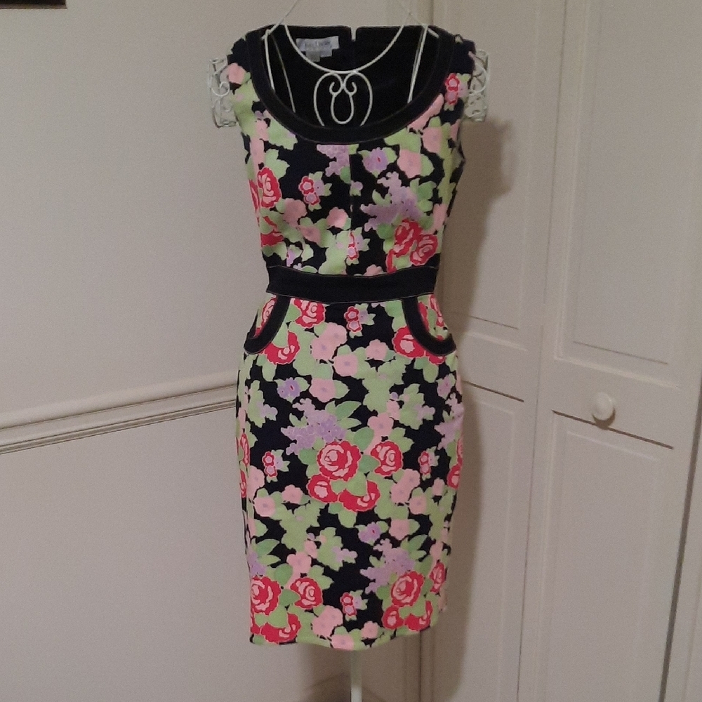 Kay Unger Black and Pink Floral Midi Dress